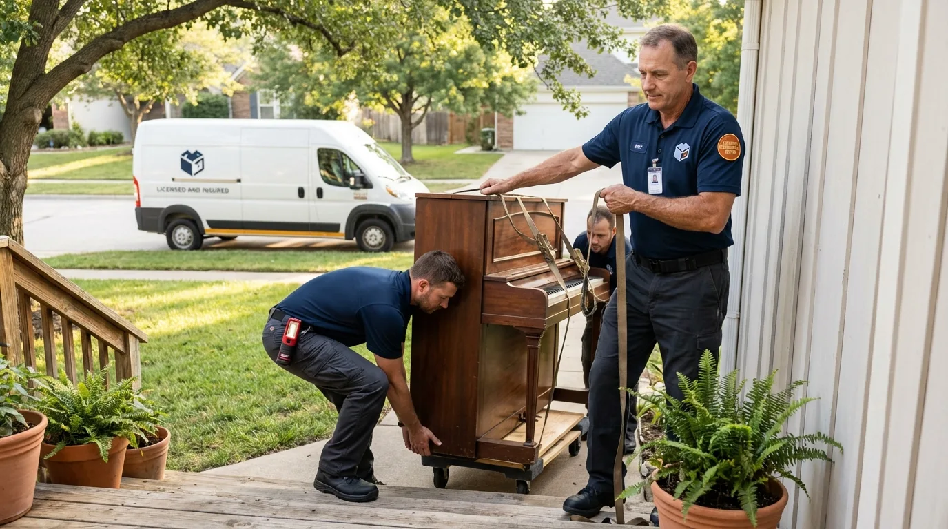Licensed piano movers securing grand piano in Hillsdale, MI