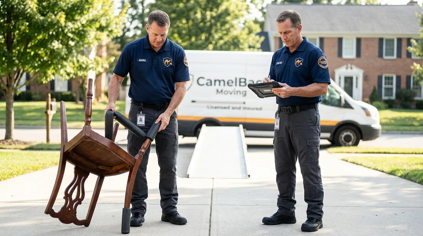 Movers inspecting furniture for damage prevention before loading in Hillsdale, MI