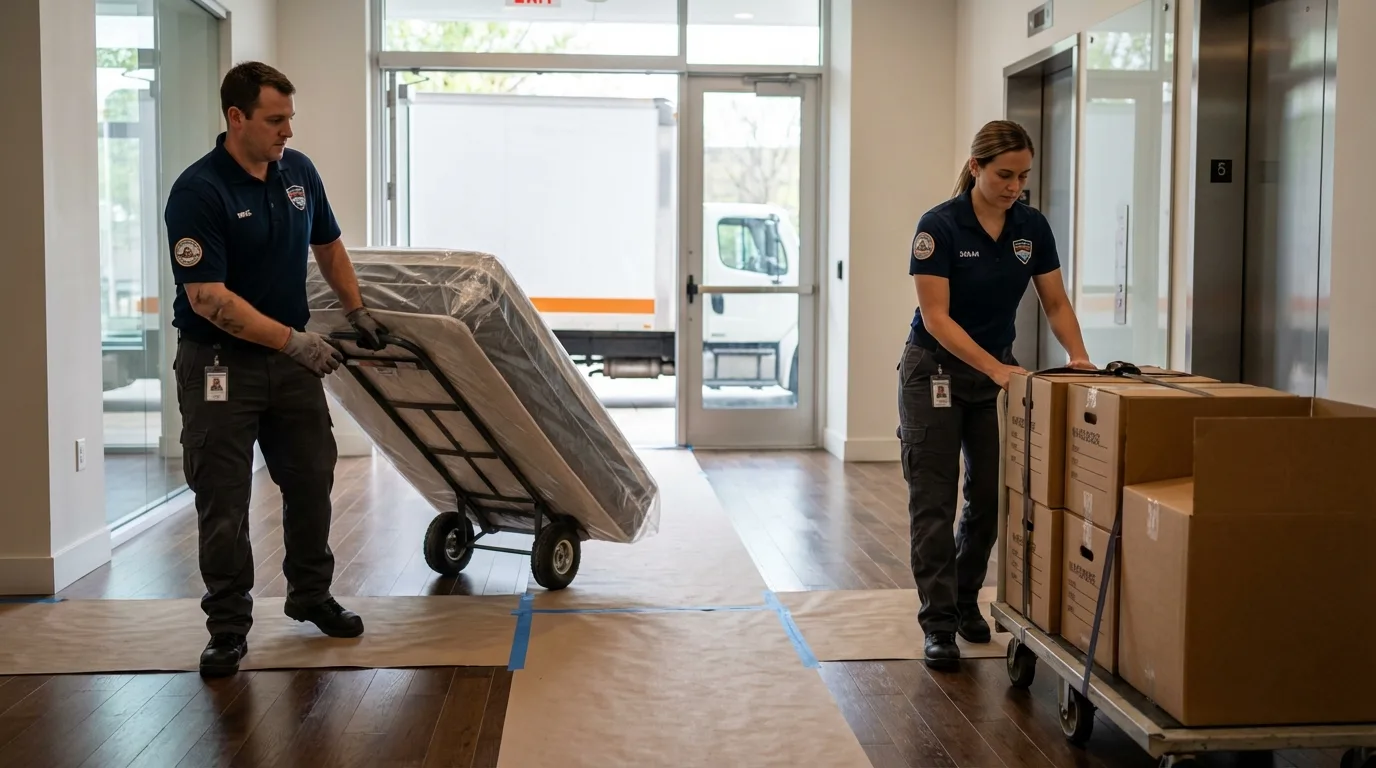 Professional apartment movers loading elevator in Hillsdale, MI