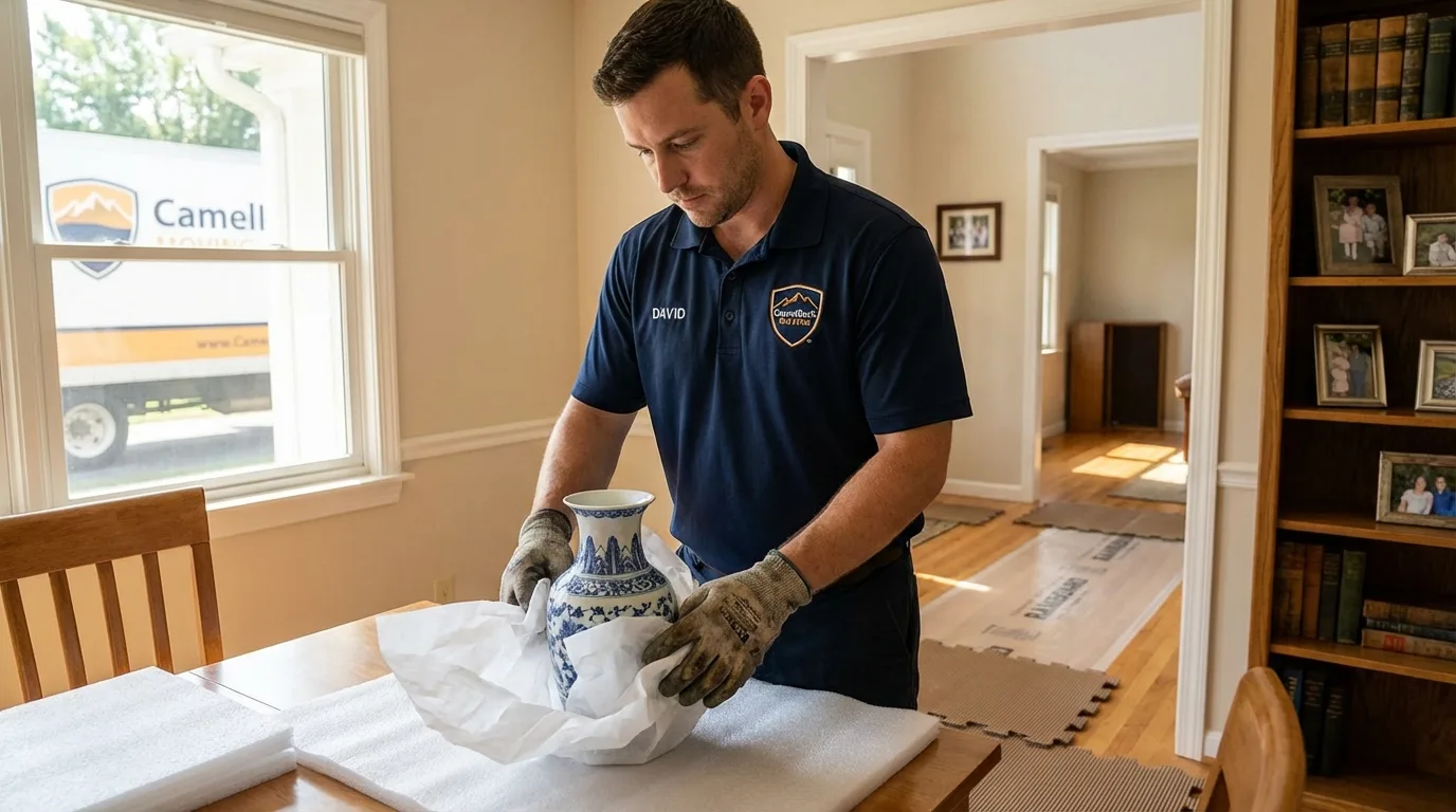 Professional crew carefully wrapping antique vase for senior downsizing move in Hillsdale, MI