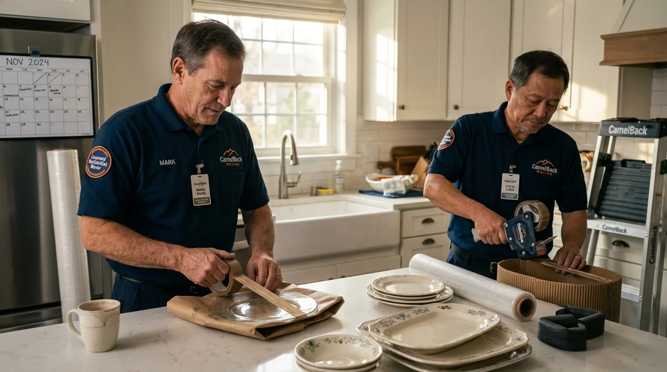 Professional crew packing kitchen dishware in Hillsdale, MI
